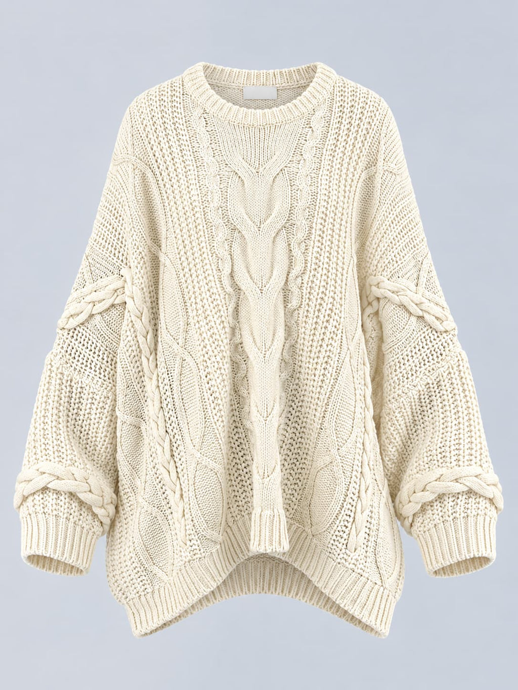 Maglione donna oversize con lavorazione a trecce e maniche ampie panna - vista frontale gost