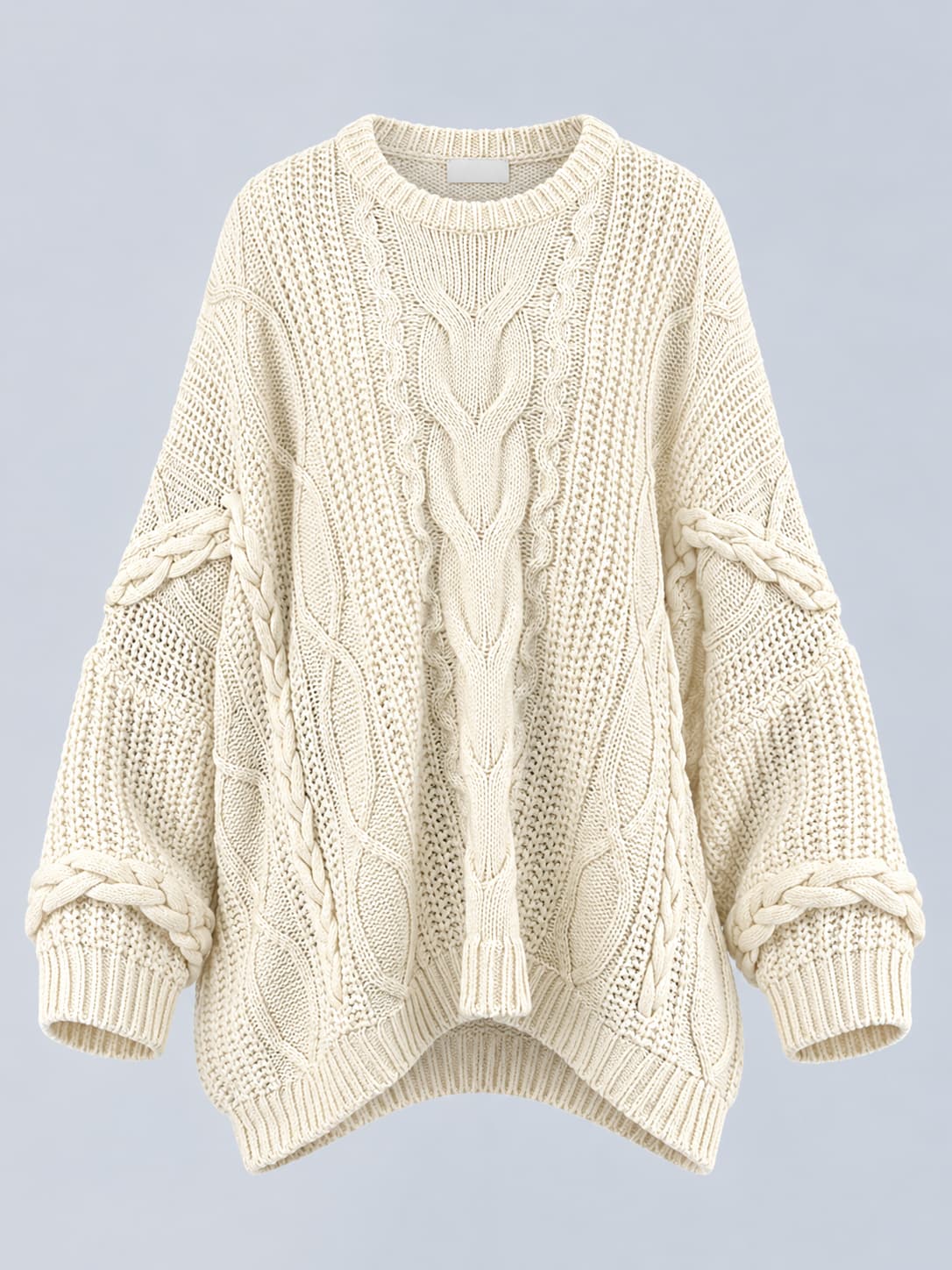 Maglione donna oversize con lavorazione a trecce e maniche ampie panna - vista frontale gost