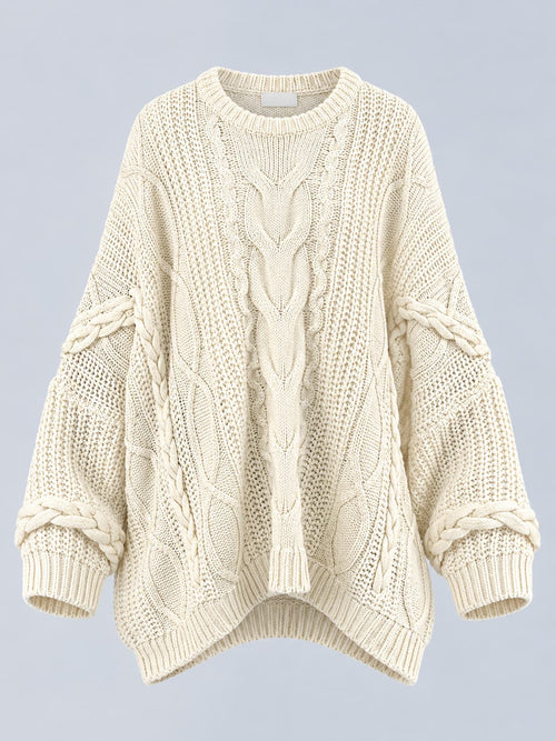 Maglione donna oversize con lavorazione a trecce e maniche ampie panna - vista frontale gost