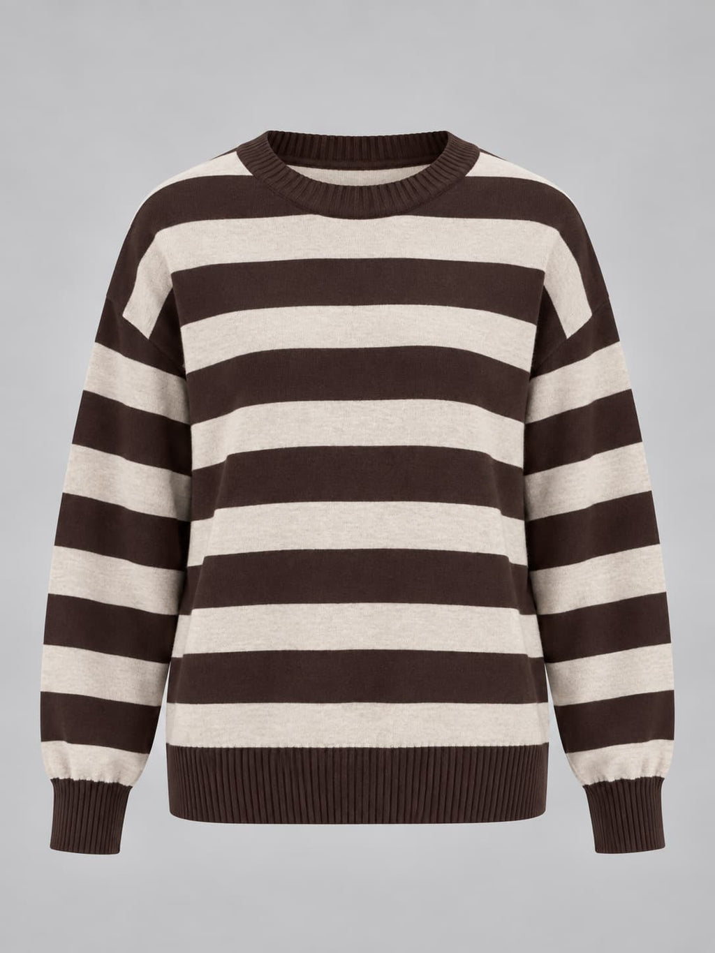 Maglia donna girocollo a righe larghe con spalla scesa marrone - vista gost