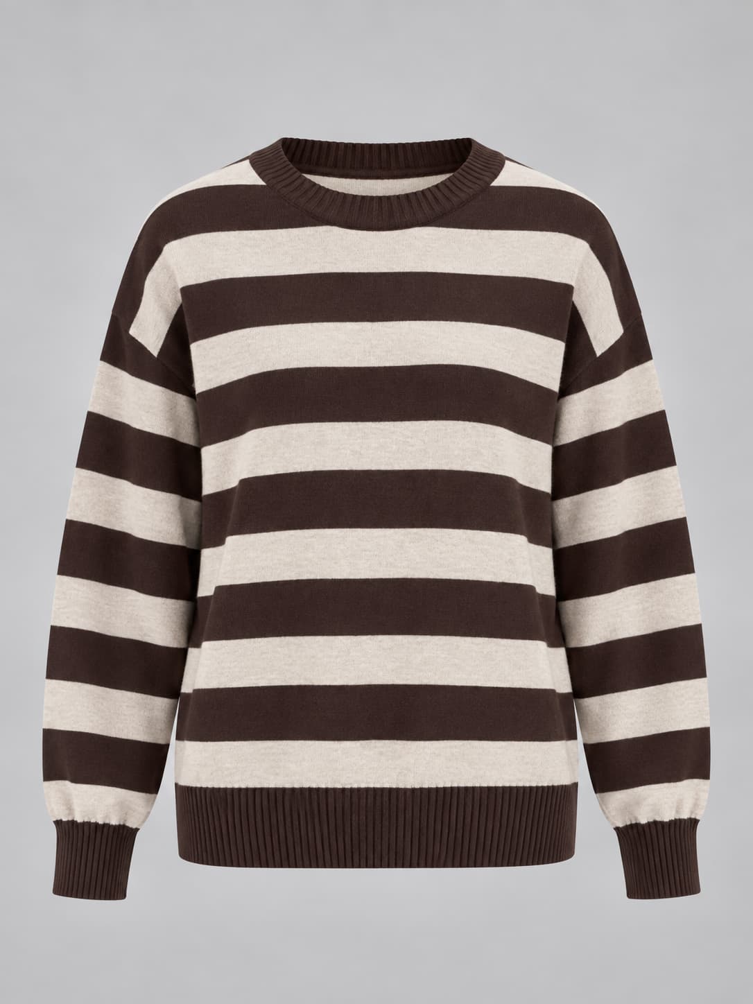 Maglia donna girocollo a righe larghe con spalla scesa marrone - vista gost