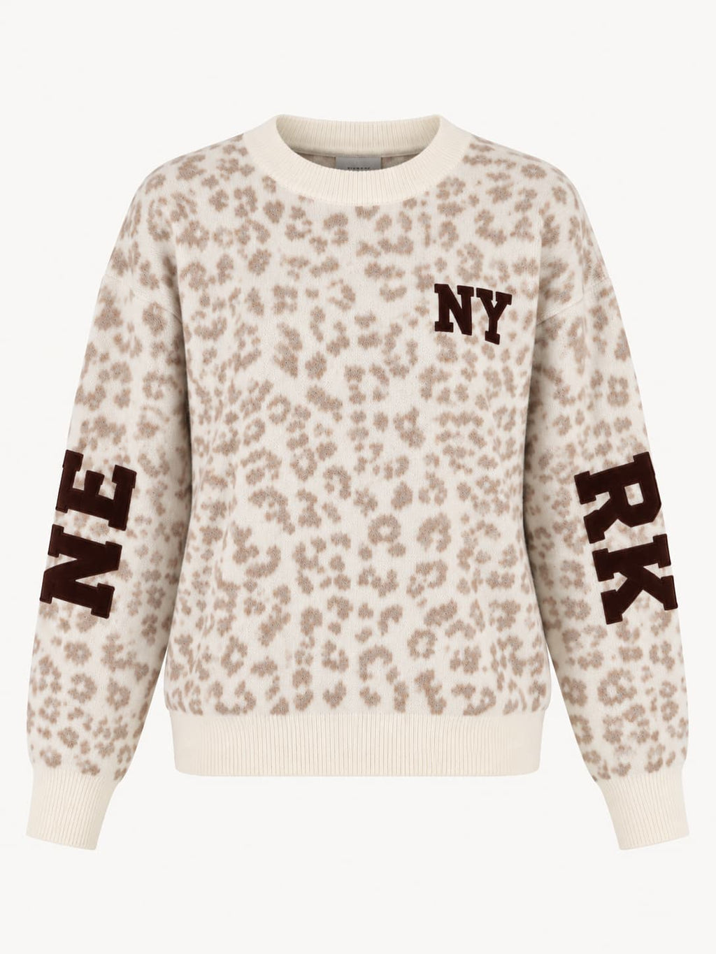 Maglione donna animalier beige con scritte New York - vista frontale ghost
