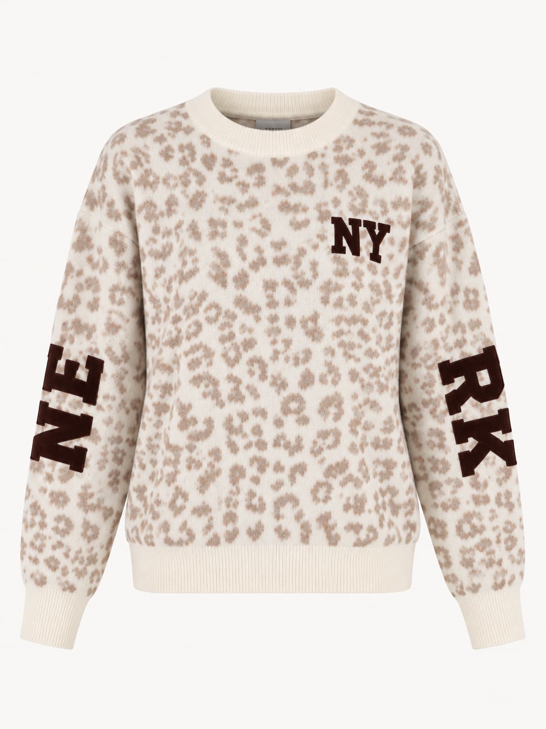 Maglione donna animalier beige con scritte New York - vista frontale ghost