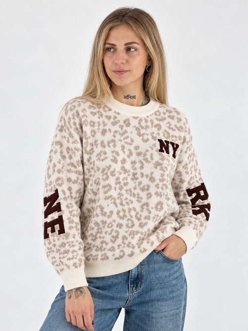 Maglione donna animalier beige con scritte New York - vista frontale