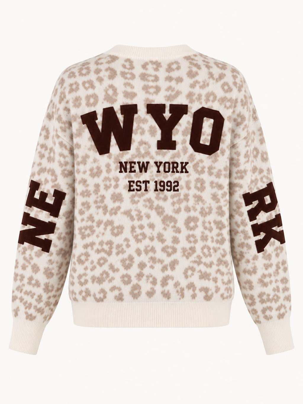 Maglione donna animalier beige con maxi scritta New York - vista retro ghost