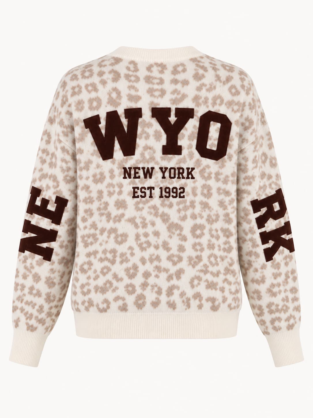 Maglione donna animalier beige con maxi scritta New York - vista retro ghost