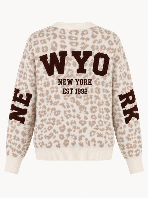 Maglione donna animalier beige con maxi scritta New York - vista retro ghost
