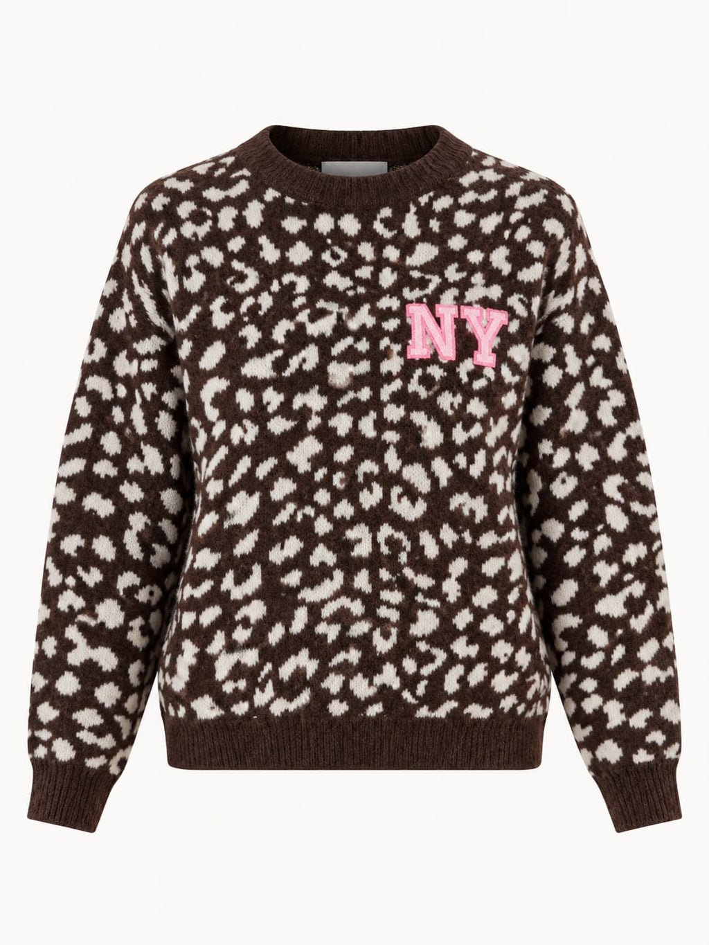 Maglione donna animalier marrone con scritta NY - vista frontale