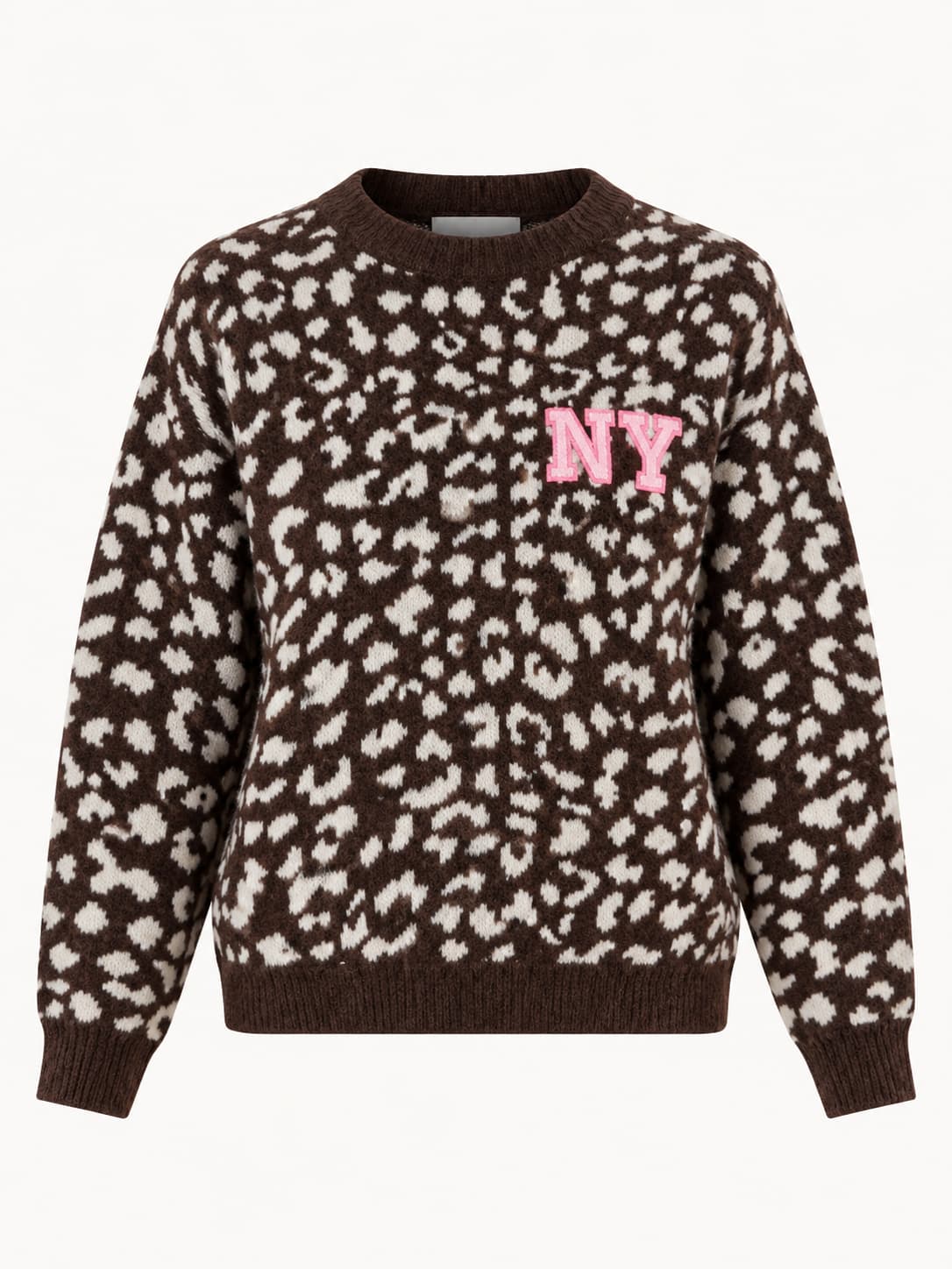 Maglione donna animalier marrone con scritta NY - vista frontale