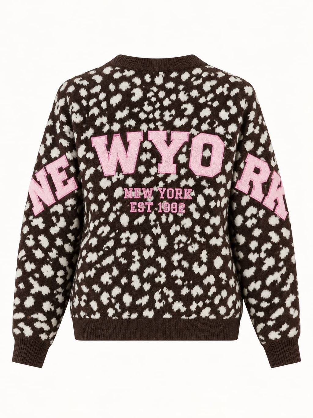 Maglione donna animalier marrone con maxi scritta New York - vista retro