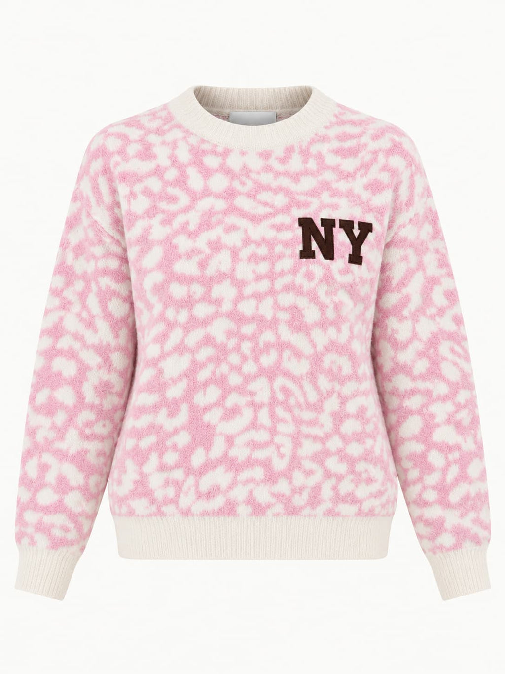 Maglione donna animalier rosa con scritta NY - vista frontale