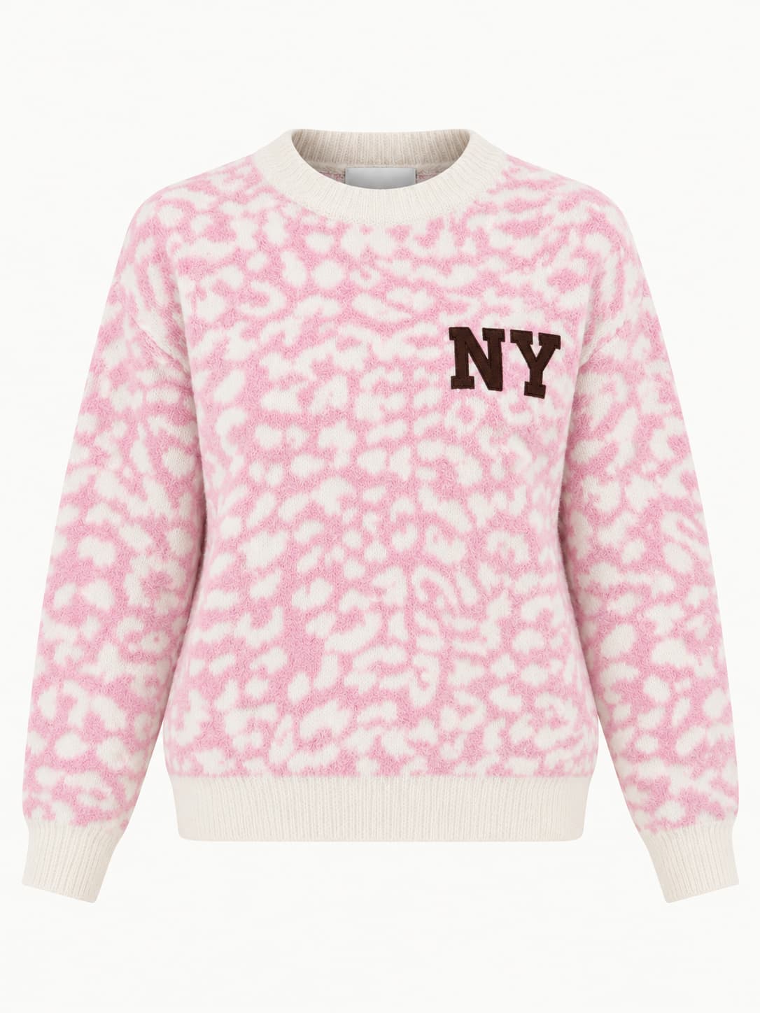 Maglione donna animalier rosa con scritta NY - vista frontale