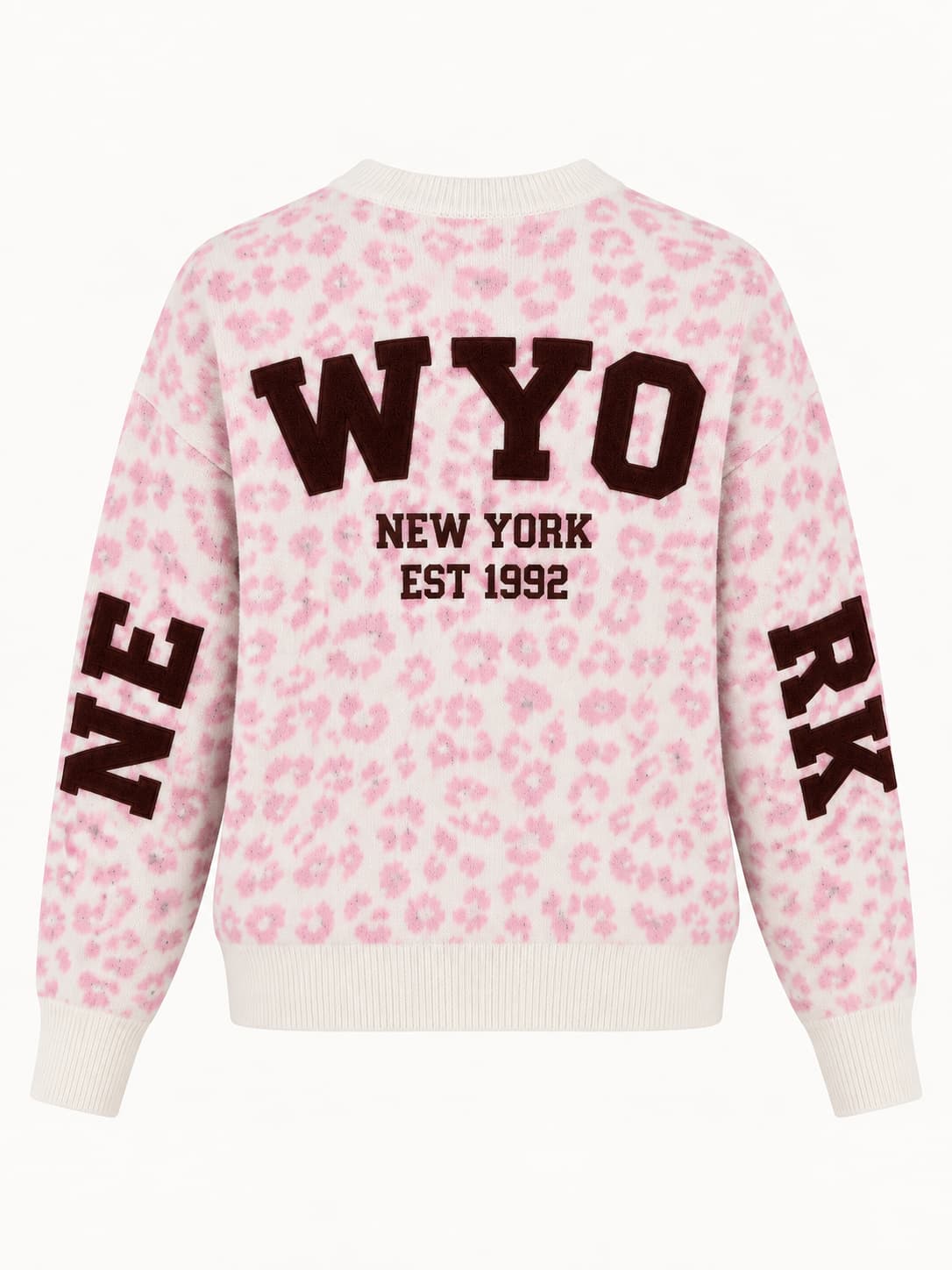 Maglione donna animalier rosa con maxi scritta New York - vista retro
