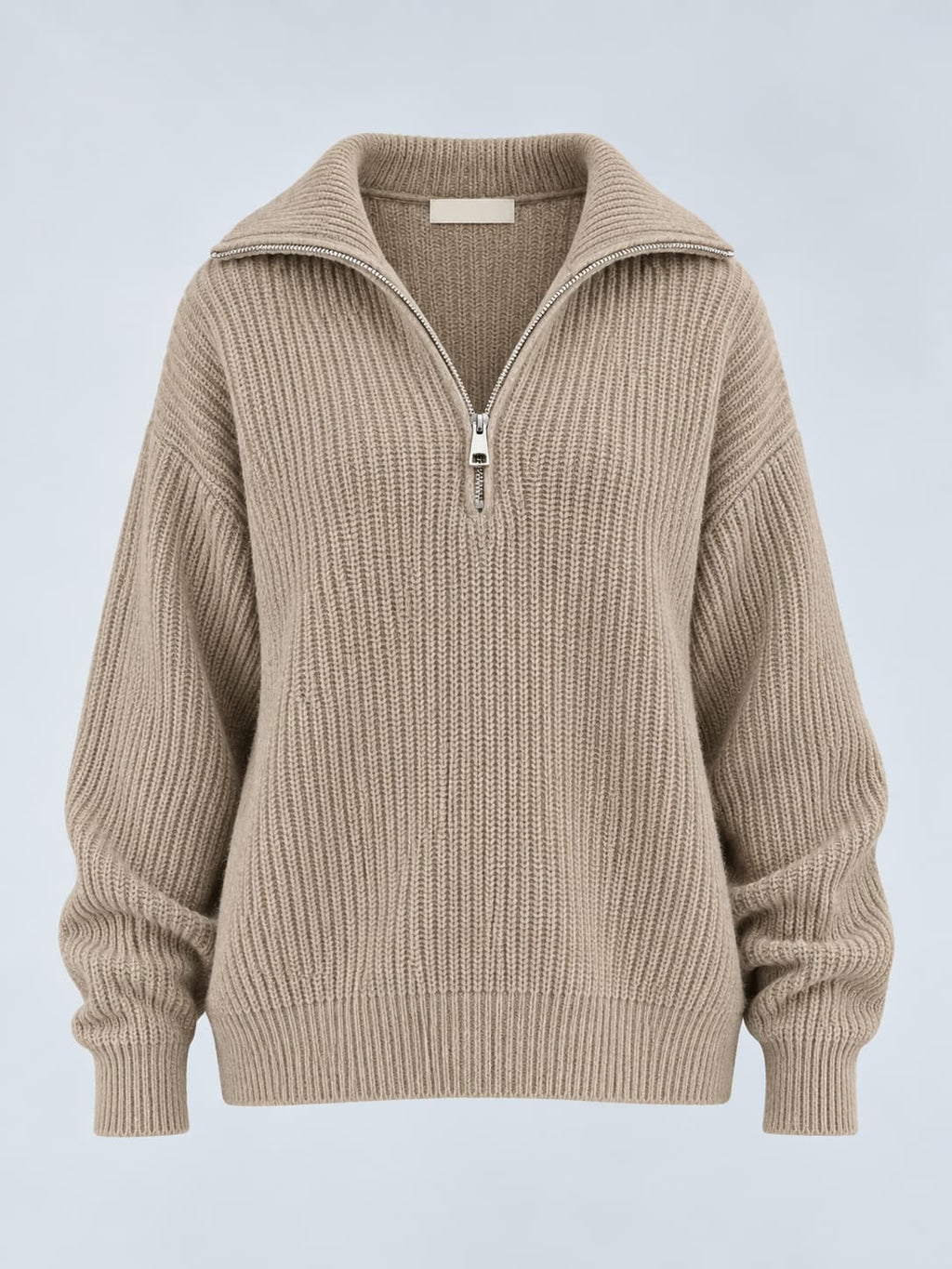 Maglia donna a coste con collo alto e zip corta beige - vista frontale gost
