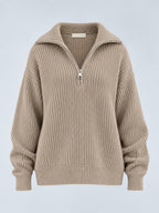 Maglia donna a coste con collo alto e zip corta beige - vista frontale gost