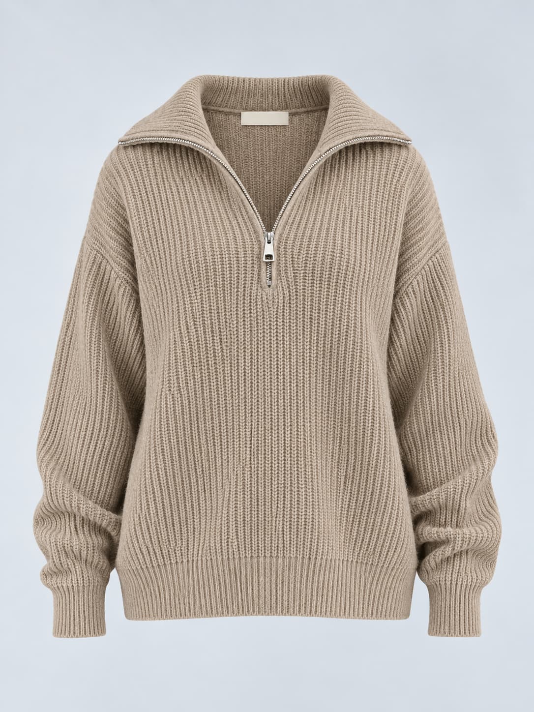 Maglia donna a coste con collo alto e zip corta beige - vista frontale gost