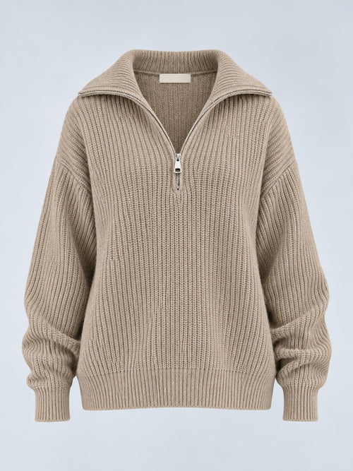 Maglia donna a coste con collo alto e zip corta beige - vista frontale gost
