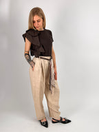 Pantalone donna morbido beige con elastico in vita e tasche -  outfit completo