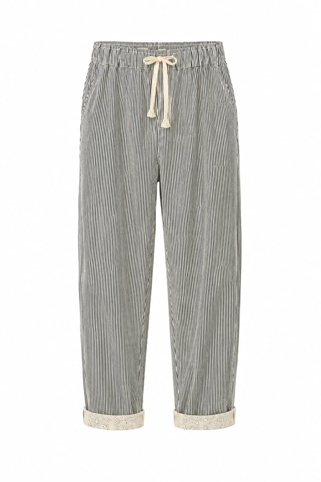 Pantalone donna rigato con coulisse in vita e vestibilità morbida. immagine gost