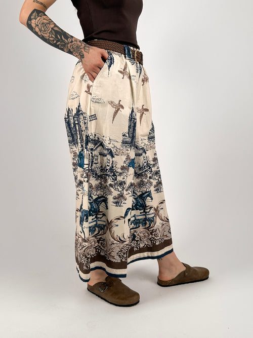 Gonna Siena  Bianco midi da donna in cotone con cintura coordinata e fantasia stampata