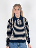 Polo donna a righe con colletto a contrasto e bottoni blu - vista frontale