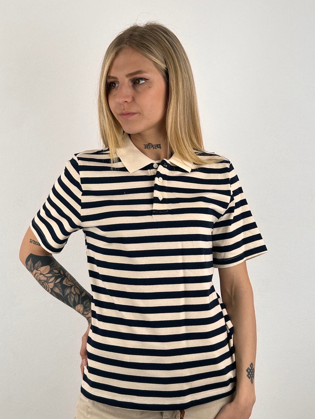 polo cotone righe blu vista frontale Blu