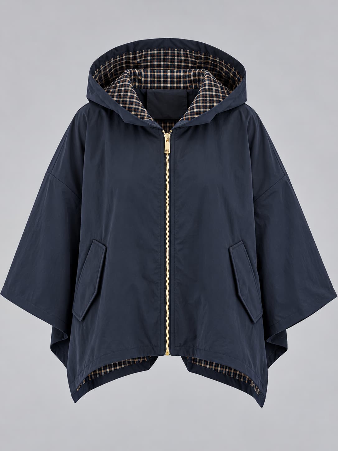 Giubbino donna ampio con cappuccio, zip frontale e retro più lungo blu - vista gost