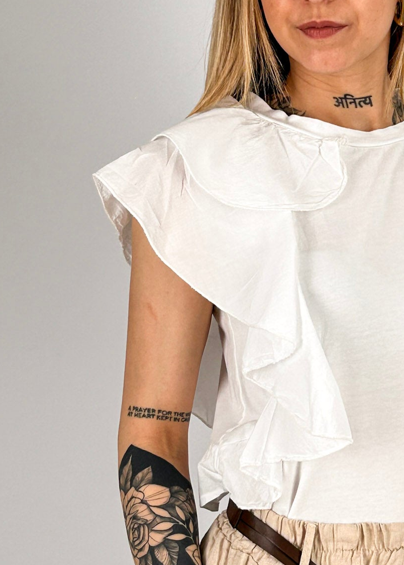 T-shirt donna bianco con dettaglio volant laterale - vista dettaglio