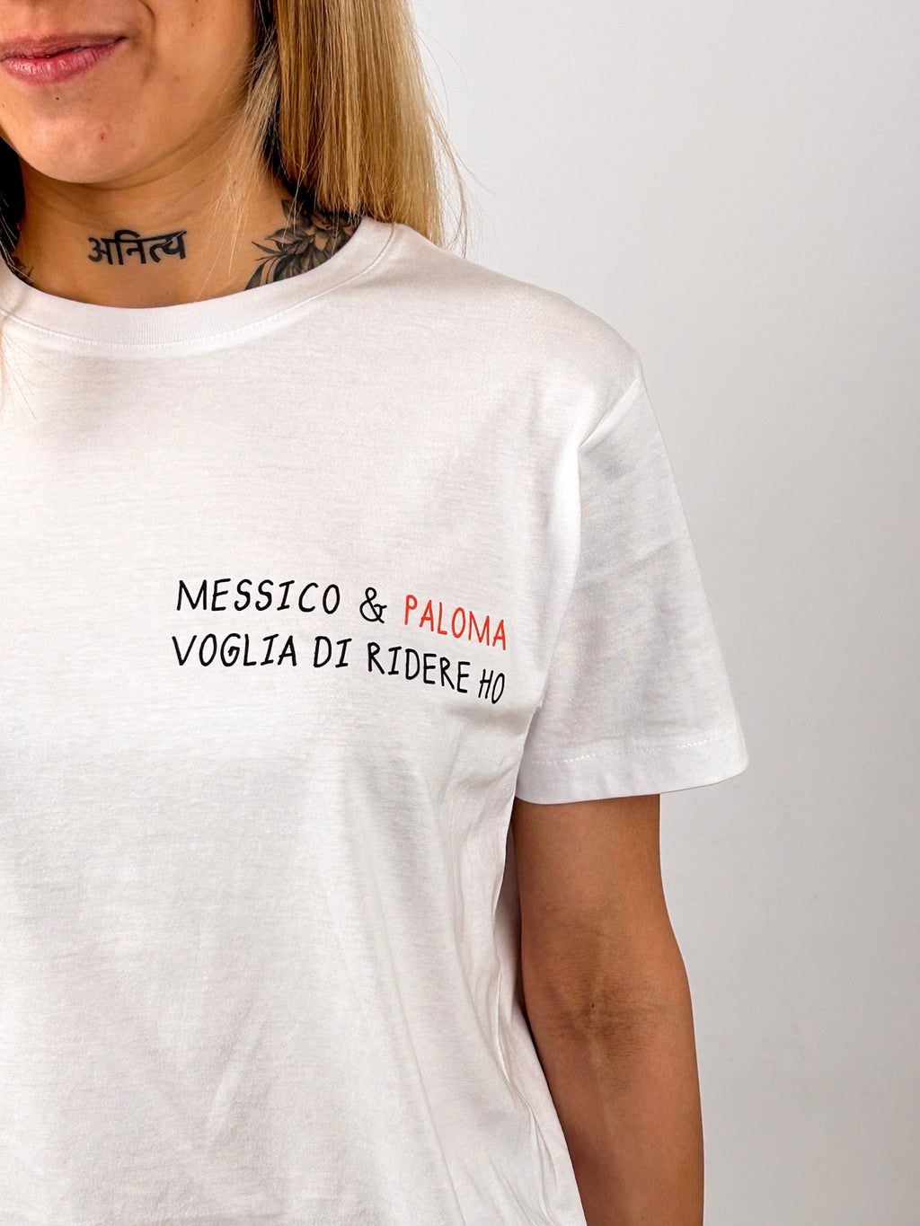 t-shirt donna hangard lab "messico 6 paloma voglia di ridere ho" cotone organico. vista dettaglio